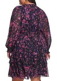 Plus Long Sleeve V-Neck Floral Print Ruffle Hem Dress