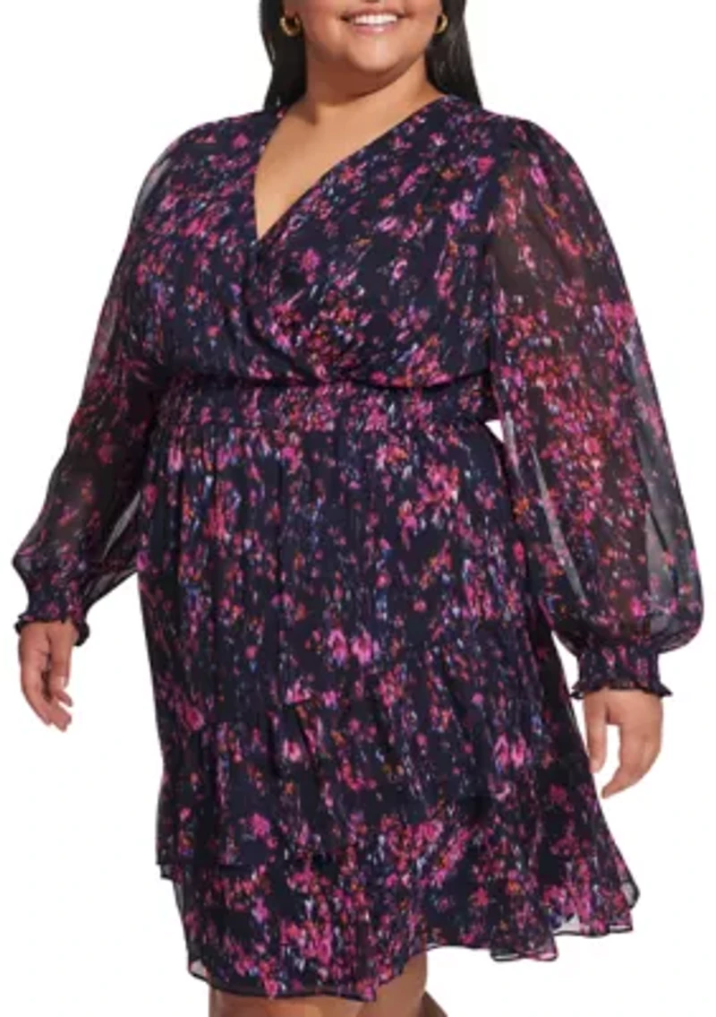 Plus Long Sleeve V-Neck Floral Print Ruffle Hem Dress