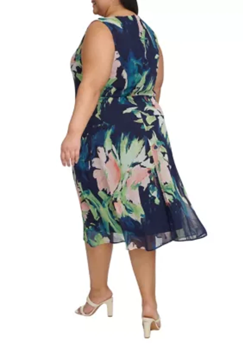 Plus Sleeveless Floral Print Side Ruched Dress