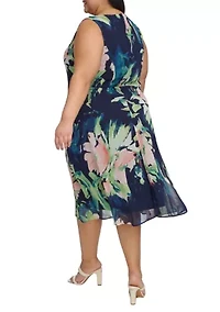 Plus Sleeveless Floral Print Side Ruched Dress