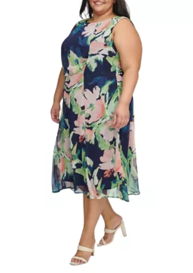 Plus Sleeveless Floral Print Side Ruched Dress
