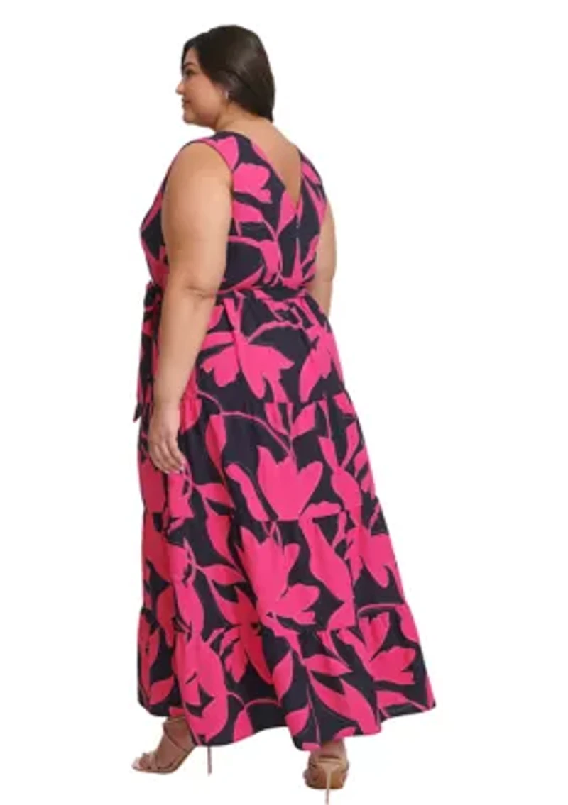 Plus Sleeveless Printed V-Neck Tie Waist Dres