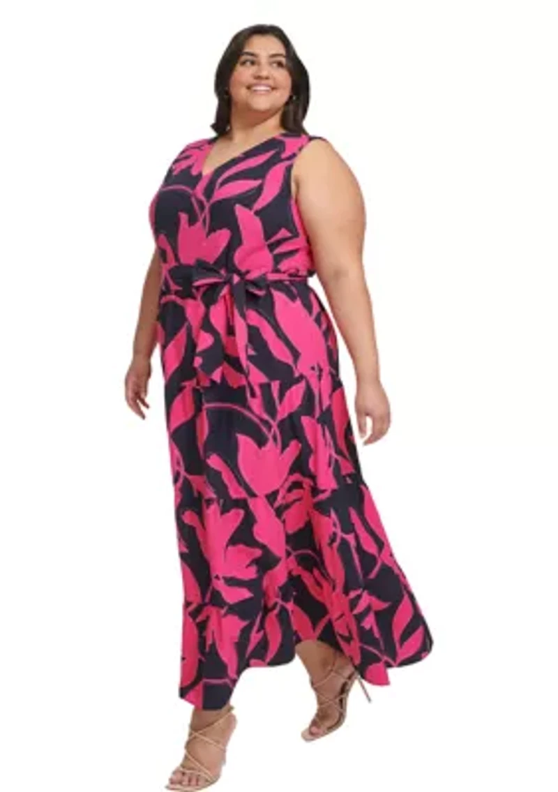 Plus Sleeveless Printed V-Neck Tie Waist Dres