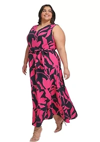 Plus Sleeveless Printed V-Neck Tie Waist Dres