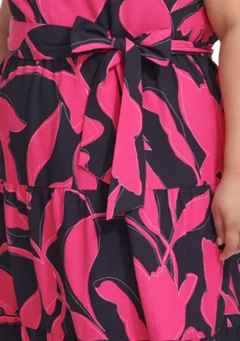 Plus Sleeveless Printed V-Neck Tie Waist Dres