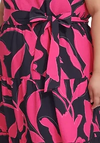 Plus Sleeveless Printed V-Neck Tie Waist Dres
