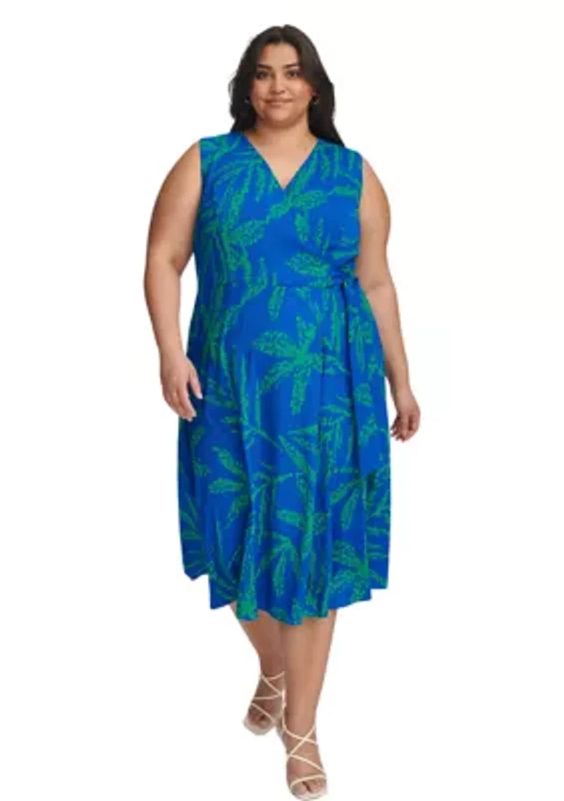 Plus Sleeveless V-Neck Tie Waist Dress