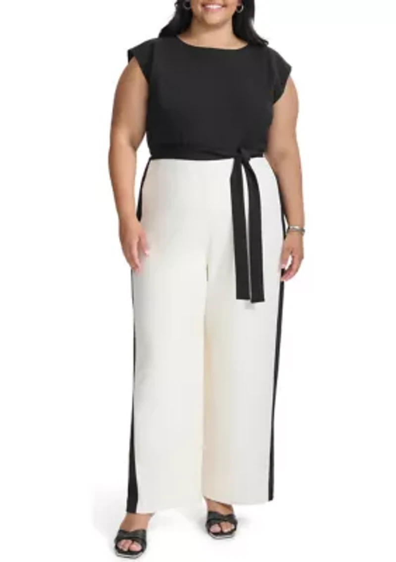 Plus Color Block Printed Scuba Jumpsuit