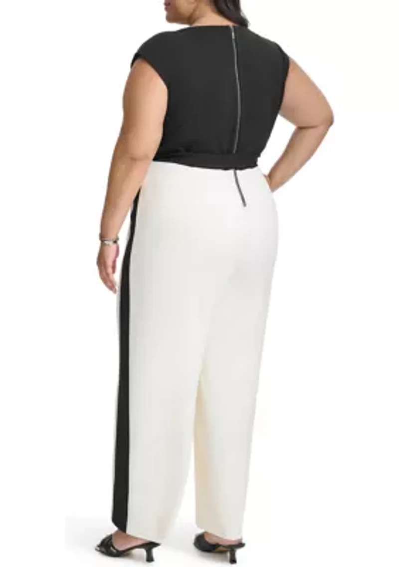 Plus Color Block Printed Scuba Jumpsuit