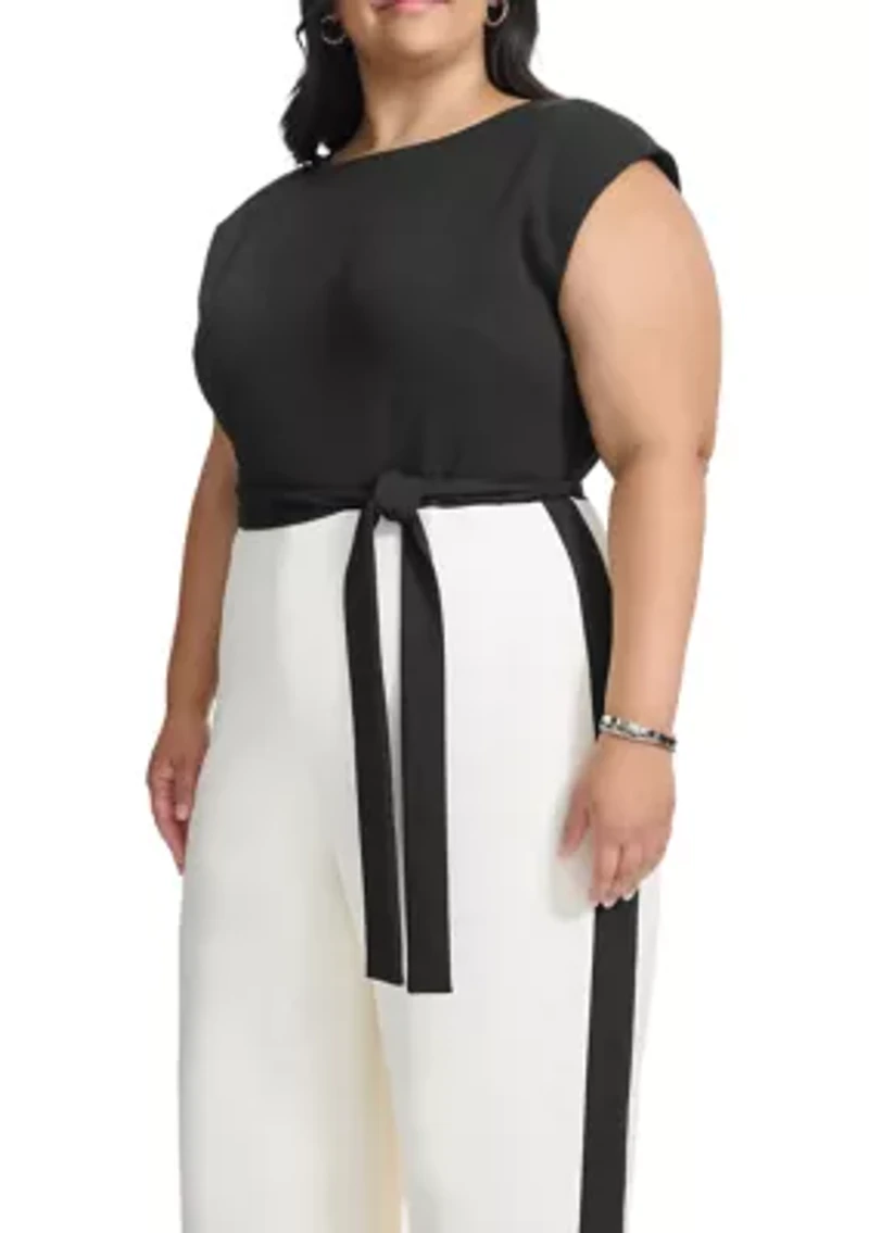 Plus Color Block Printed Scuba Jumpsuit