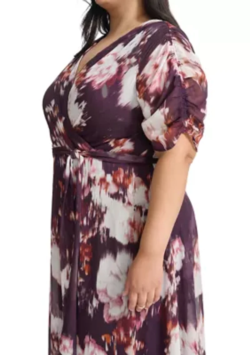 Plus V-Neck Floral Chiffon Wrap Fit and Flare Dress