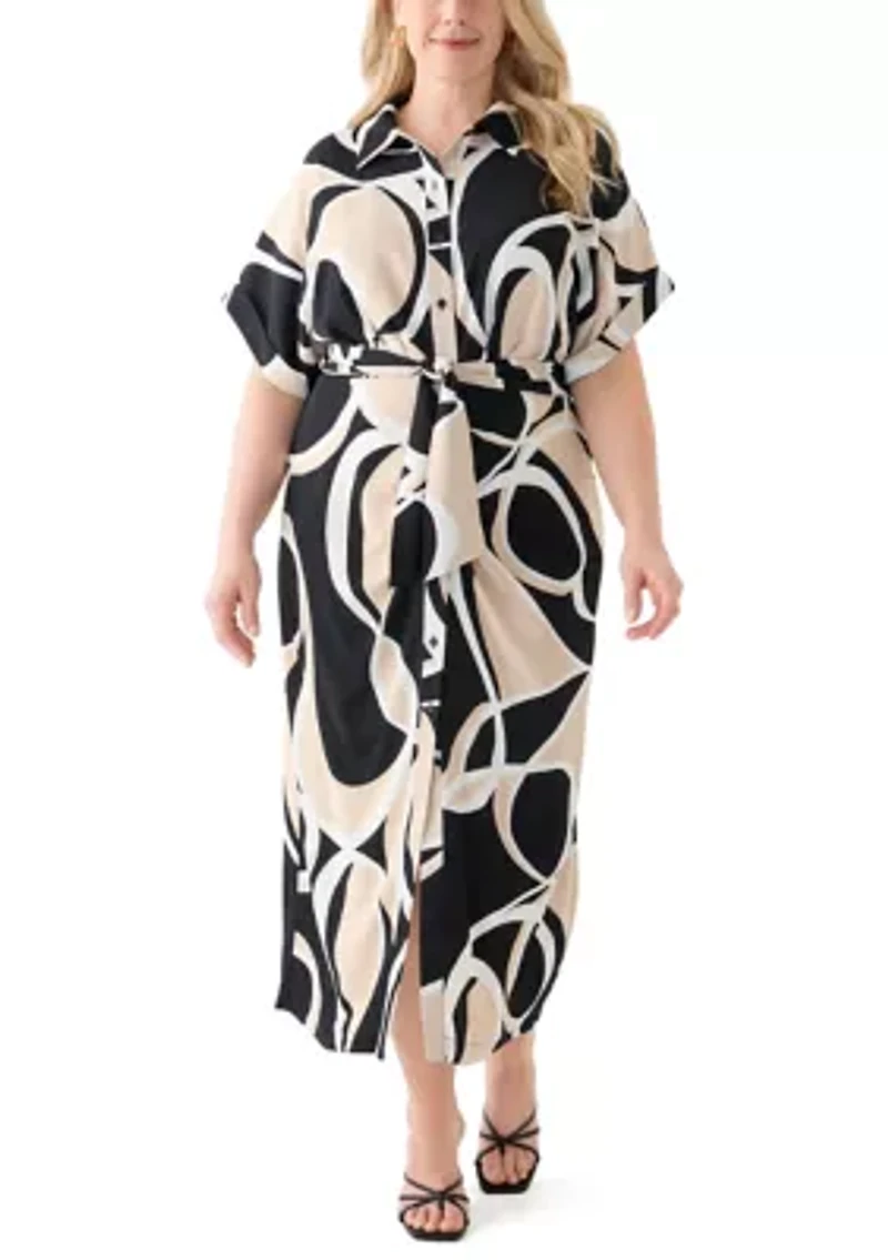 Plus Abstract Printed Belted Tie Waist Midi Dress