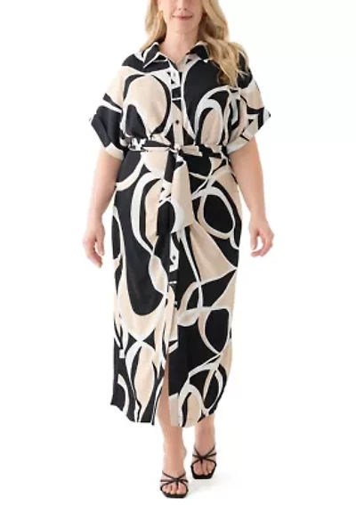 Plus Abstract Printed Belted Tie Waist Midi Dress