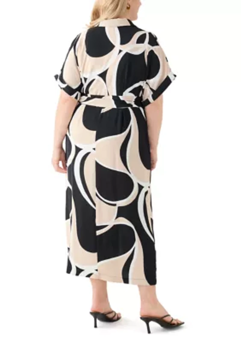 Plus Abstract Printed Belted Tie Waist Midi Dress