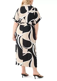 Plus Abstract Printed Belted Tie Waist Midi Dress