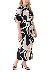 Plus Abstract Printed Belted Tie Waist Midi Dress