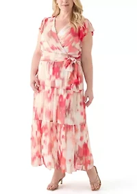 Plus Watercolor Printed Chiffon Fit and Flare Maxi Dress