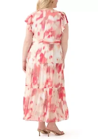 Plus Watercolor Printed Chiffon Fit and Flare Maxi Dress