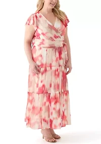 Plus Watercolor Printed Chiffon Fit and Flare Maxi Dress