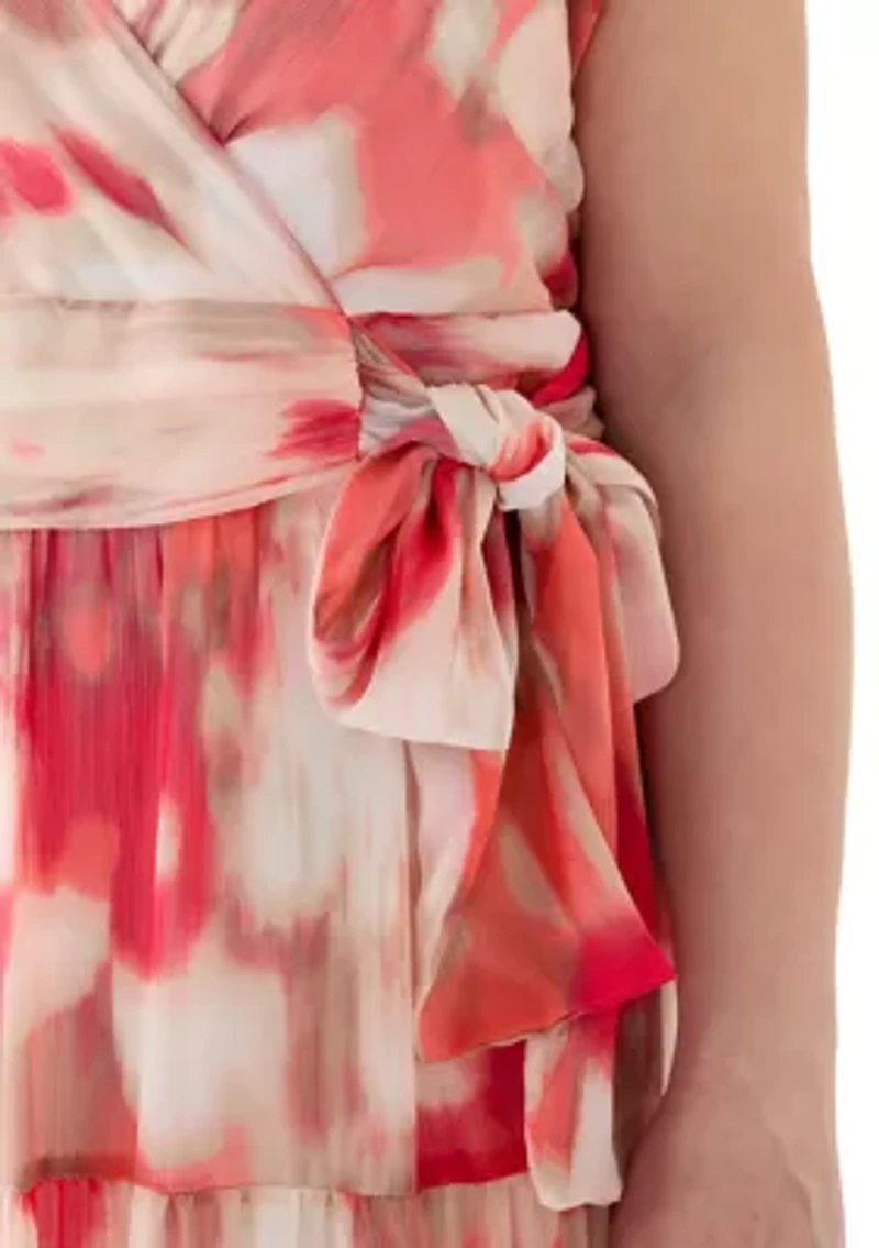 Plus Watercolor Printed Chiffon Fit and Flare Maxi Dress