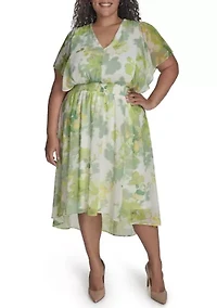Plus Floral Printed Fit and Flare Chiffon Midi Dress