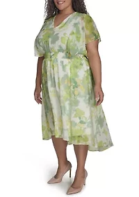Plus Floral Printed Fit and Flare Chiffon Midi Dress