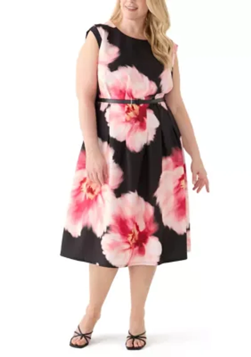 Plus Floral Printed Belted A-Line Dress