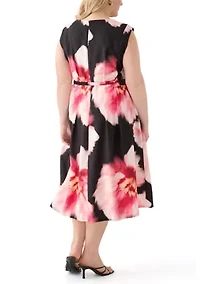 Plus Floral Printed Belted A-Line Dress