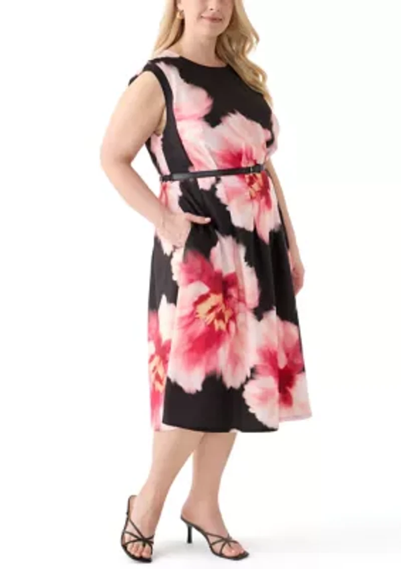 Plus Floral Printed Belted A-Line Dress