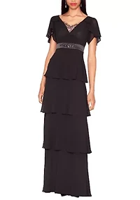 Tiered Georgette Gown with Beaded Trim at Waist
