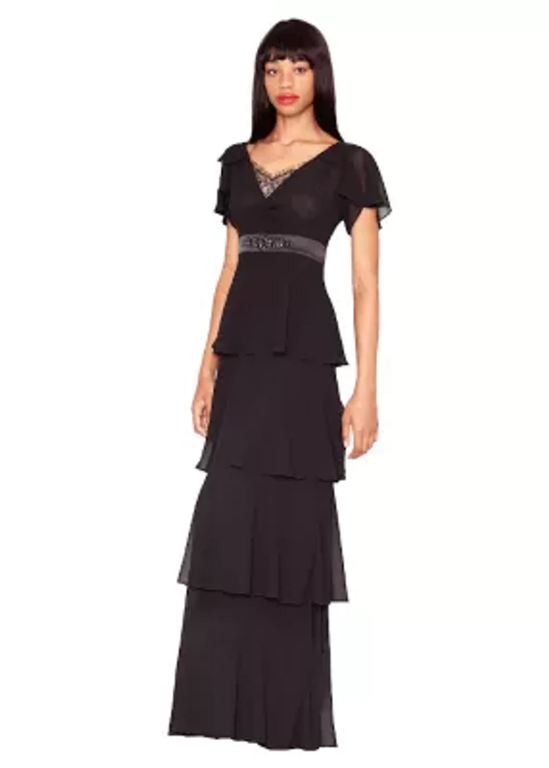 Tiered Georgette Gown with Beaded Trim at Waist