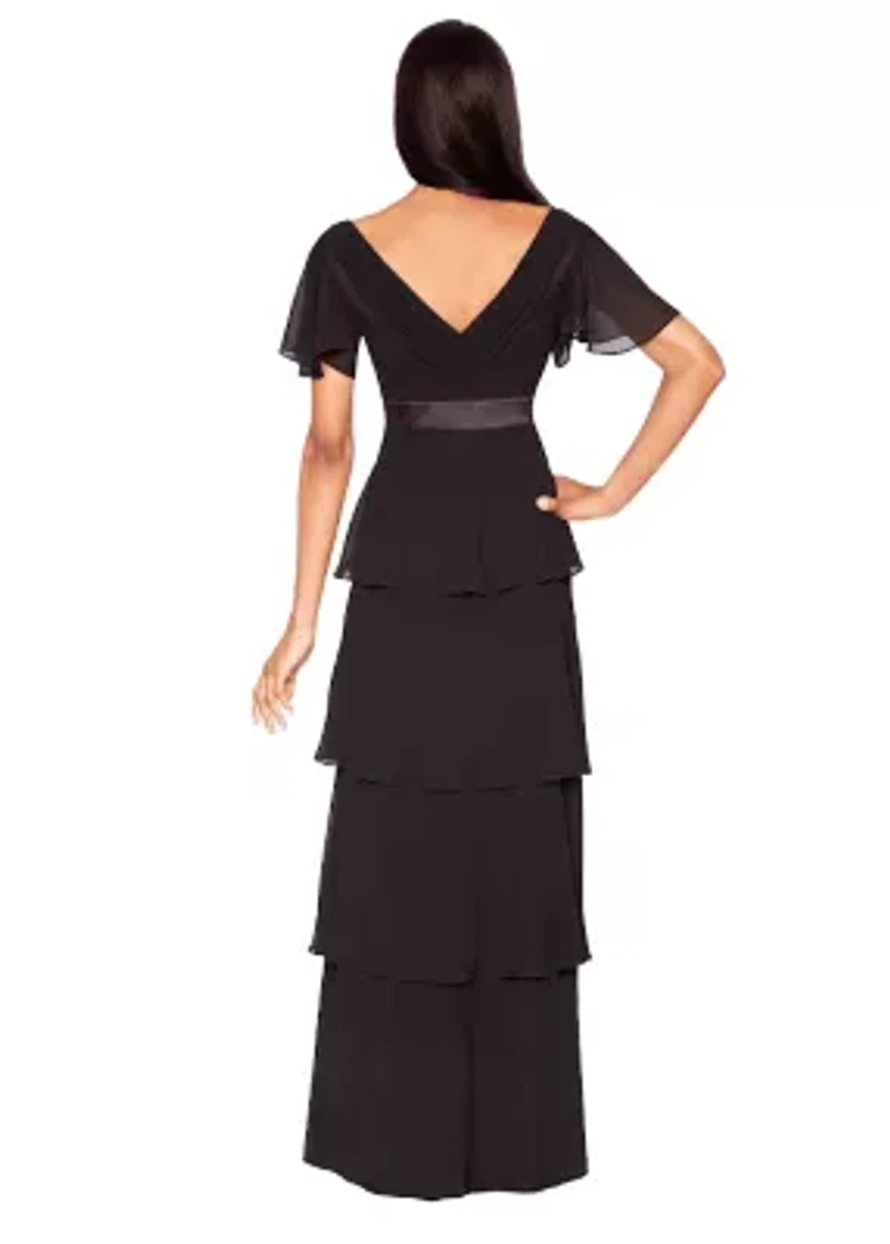 Tiered Georgette Gown with Beaded Trim at Waist