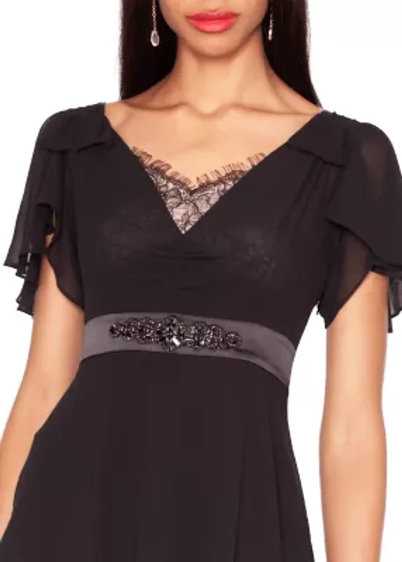 Tiered Georgette Gown with Beaded Trim at Waist