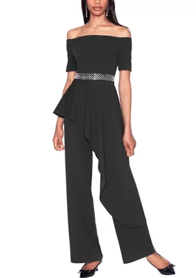 Off the Shoulder Peplum Crystal Waistband Jumpsuit