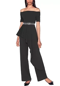 Off the Shoulder Peplum Crystal Waistband Jumpsuit