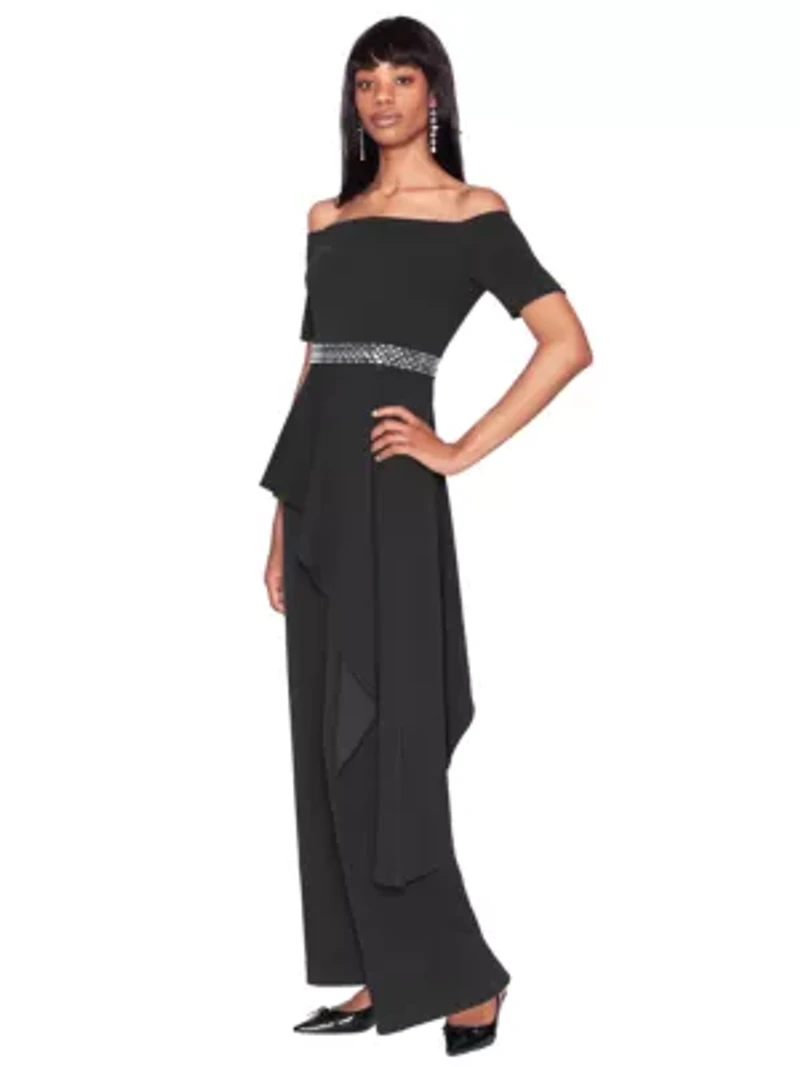 Off the Shoulder Peplum Crystal Waistband Jumpsuit