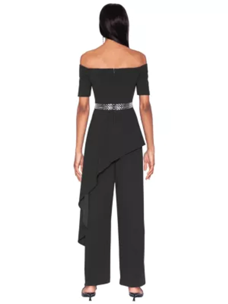 Off the Shoulder Peplum Crystal Waistband Jumpsuit