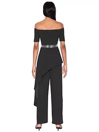 Off the Shoulder Peplum Crystal Waistband Jumpsuit