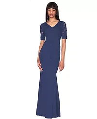 V-Neck Laser Cut Crepe Gown