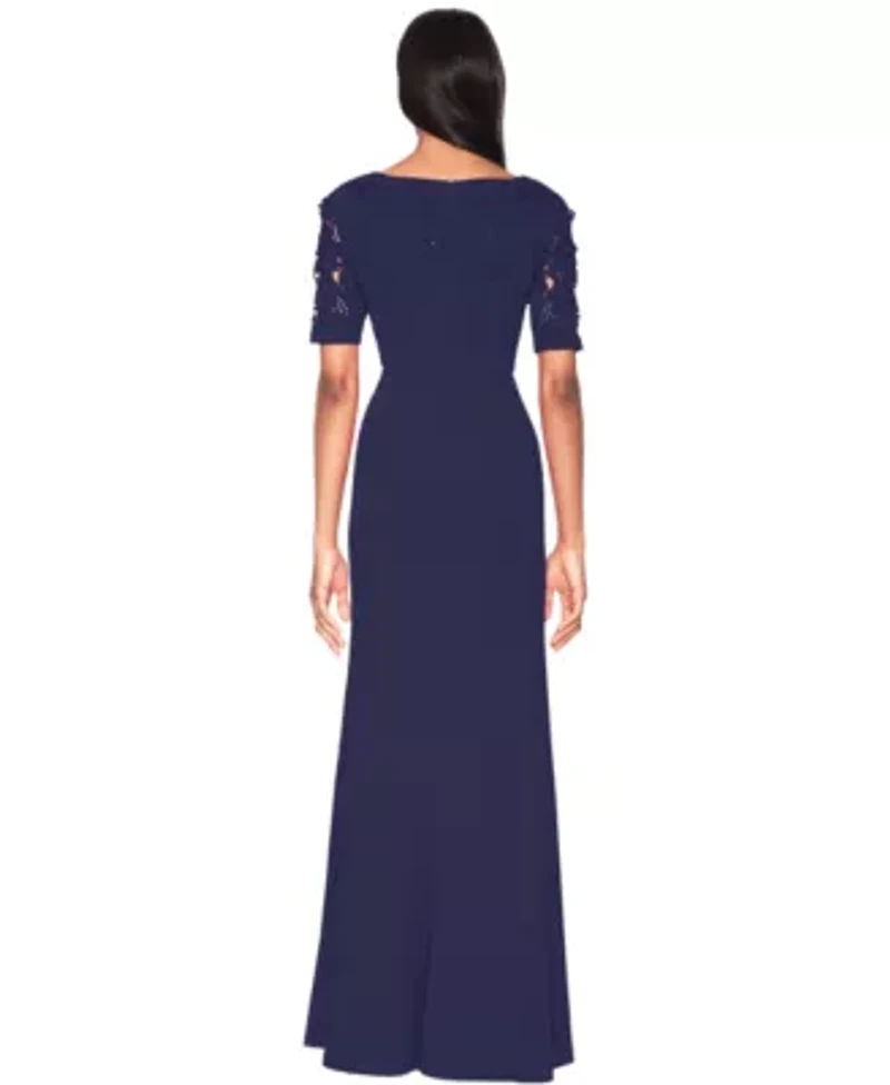 V-Neck Laser Cut Crepe Gown
