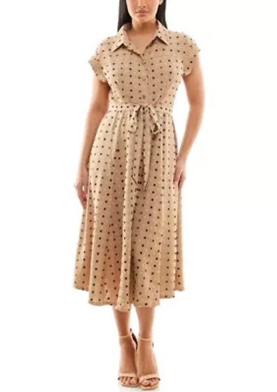 Swiss Dot Collared Button Front Shirt Dress