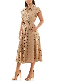 Swiss Dot Collared Button Front Shirt Dress