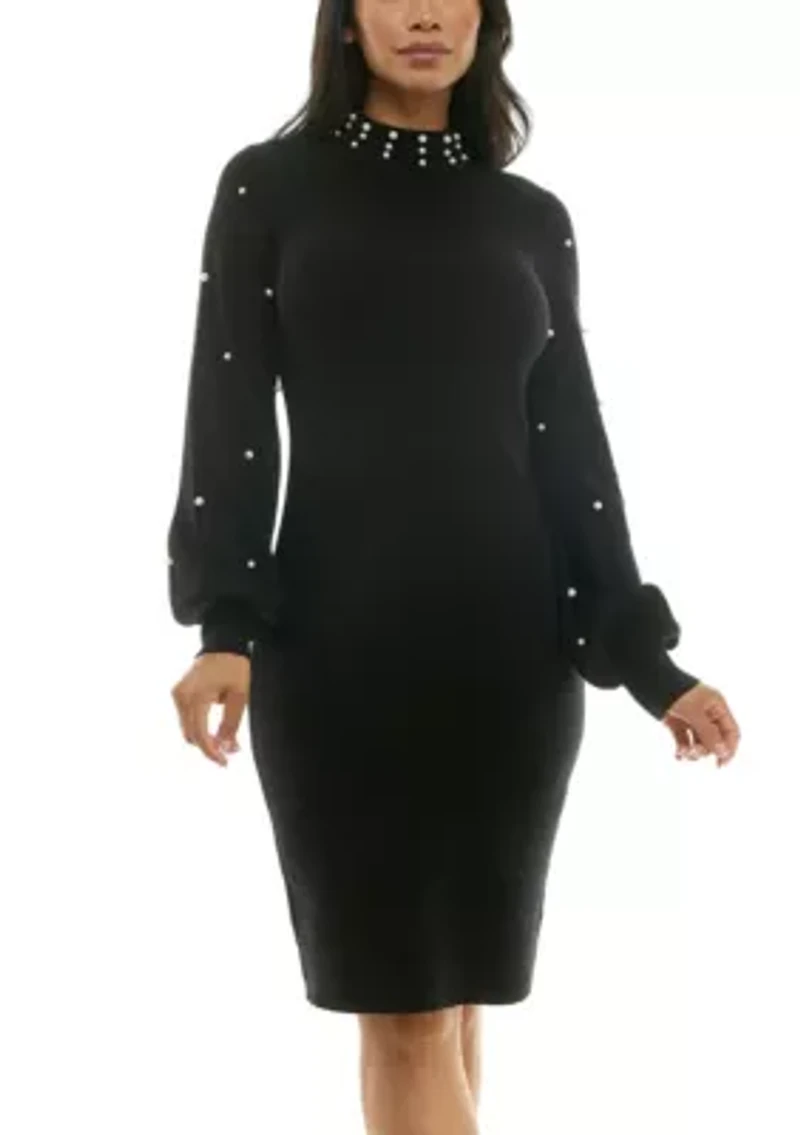 Pearl Embellished Mock Neck Sweater Dress