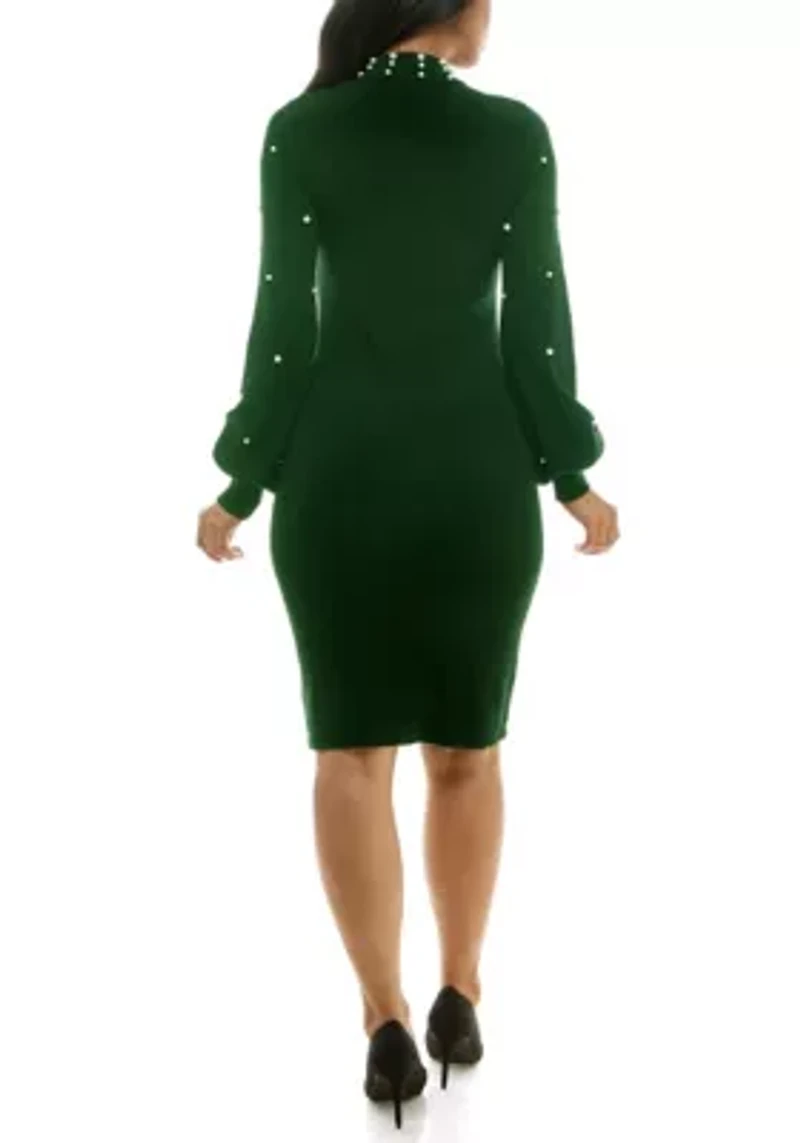 Pearl Embellished Mock Neck Sweater Dress