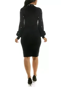 Pearl Embellished Mock Neck Sweater Dress