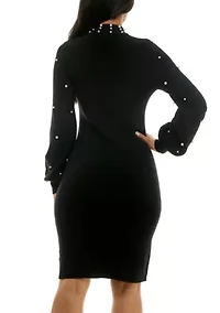 Pearl Embellished Mock Neck Sweater Dress