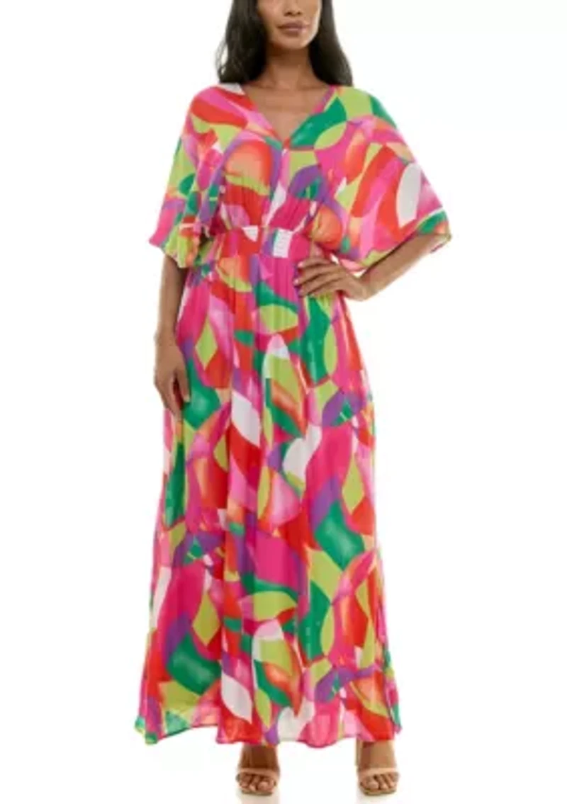 V-Neck Gauze Maxi With Slits Prints