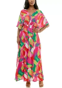 V-Neck Gauze Maxi With Slits Prints