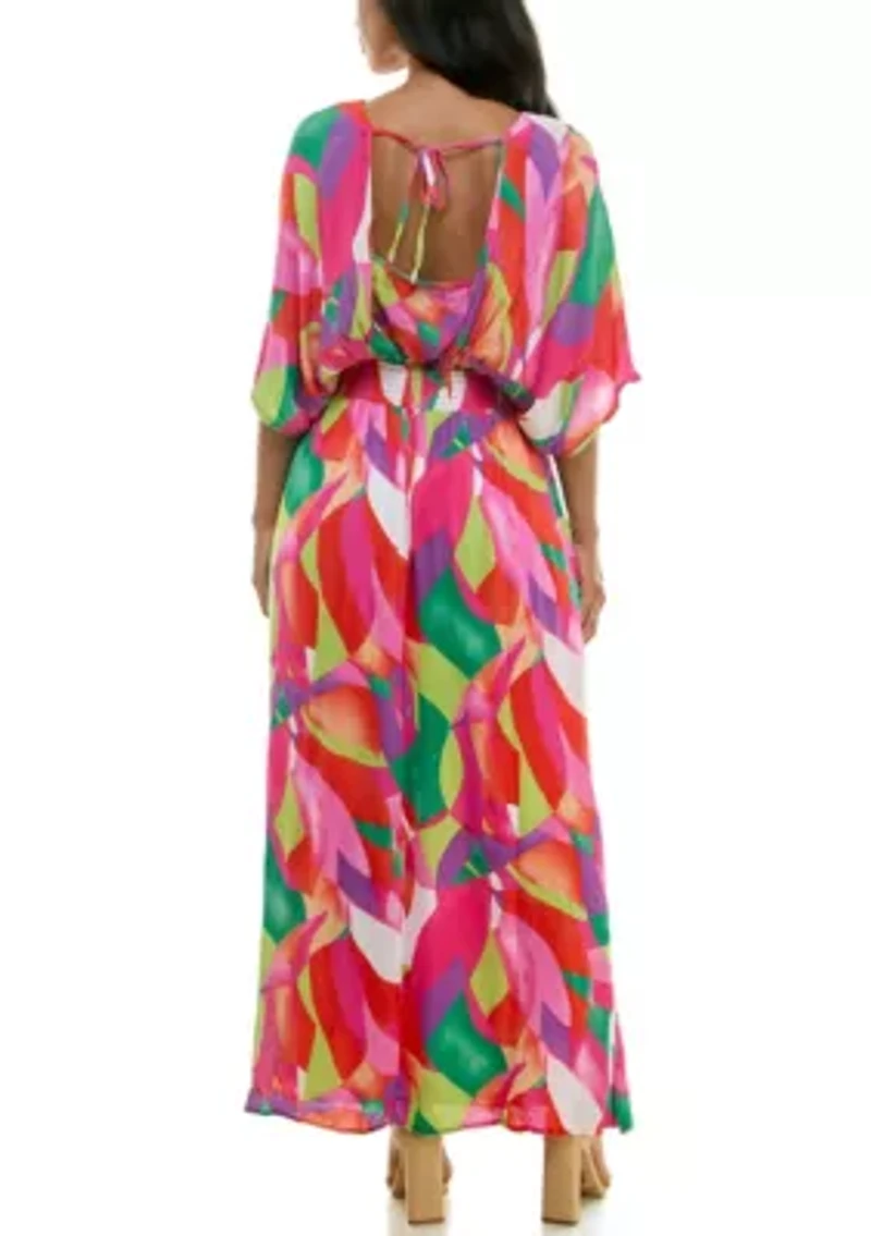 V-Neck Gauze Maxi With Slits Prints