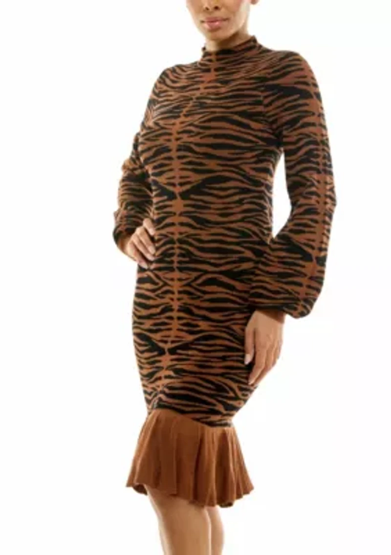 Balloon sleeve jaquared sweater dress